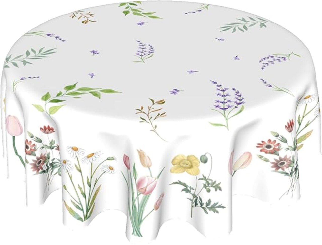 Watercolor Wild Floral Leaf Tablecloth Round 60 Inch,Spring Summer Colorful Flowers Polyester Circle Table Cloth Wrinkle Stain Resistant Washable Table Cover for Kitchen Dining Room Party Picnic
